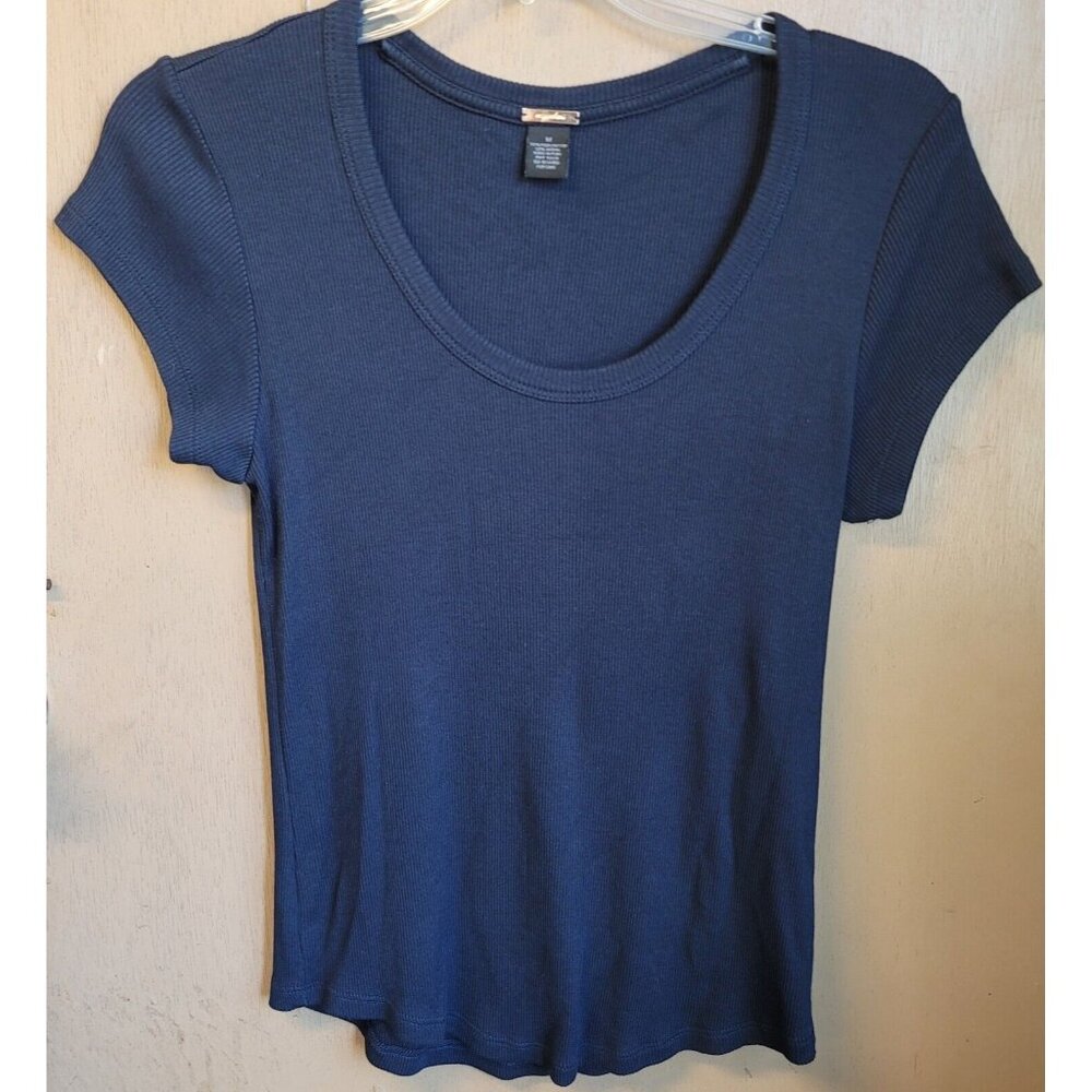 Magaschoni Short Sleeve Ribbed Scoop Neck Tee Navy‎ Stretch M Round Hem